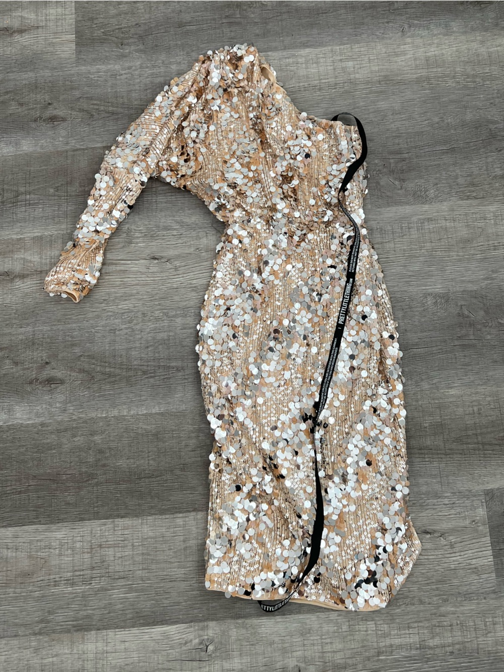 PrettyLittleThing Champagne Sequin One-Shoulder Dress